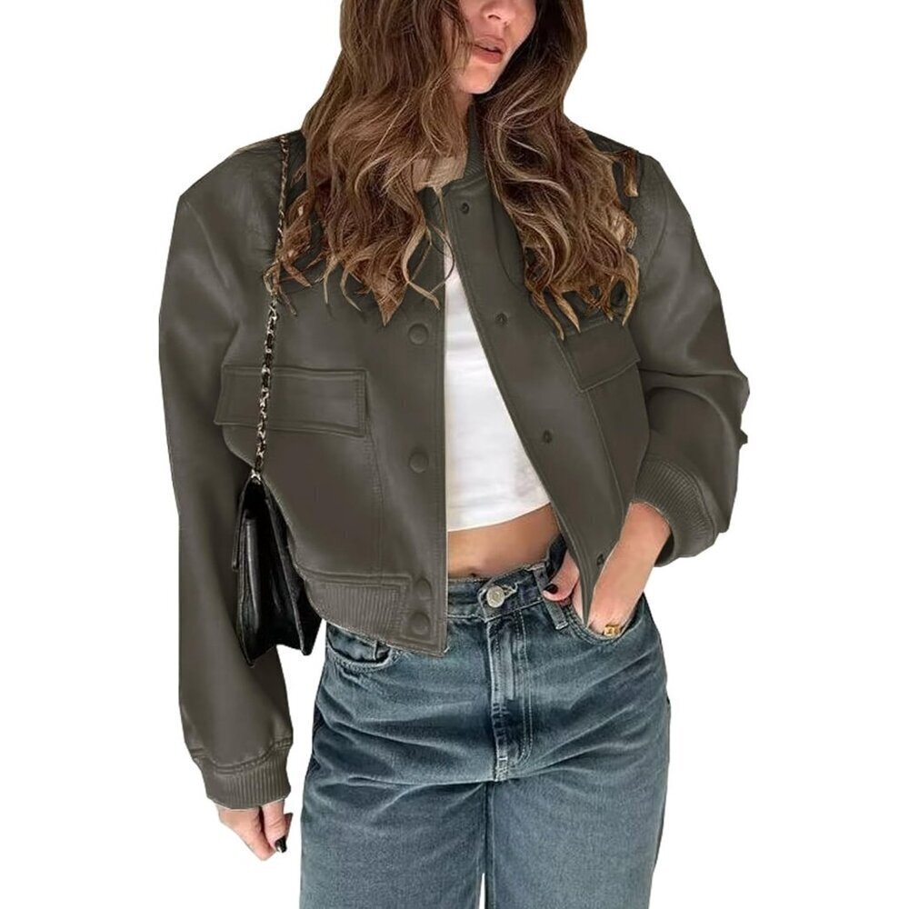 🆕Women Dark grey Cropped Bomber Jacket Button Down Varsity Shacket with Pockets